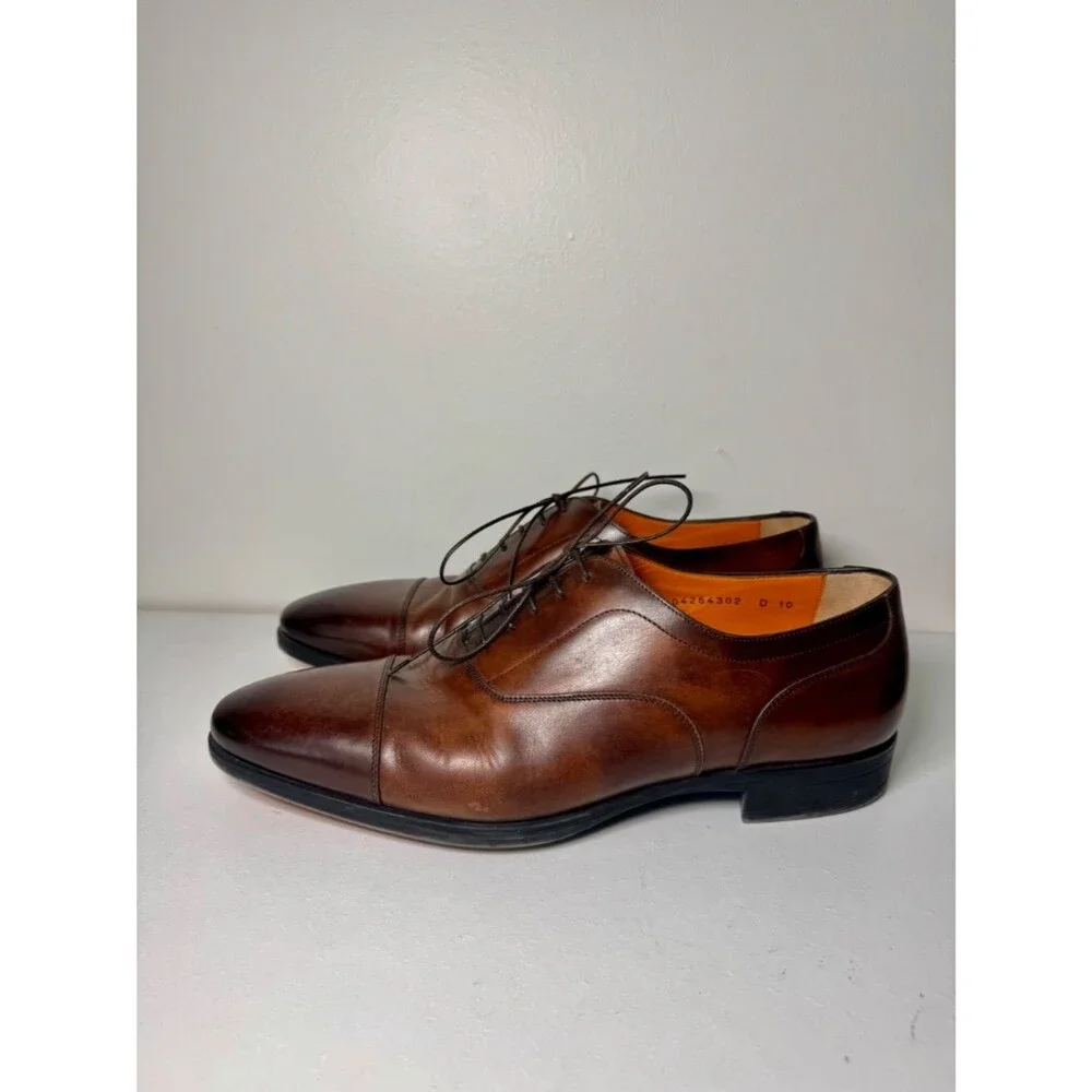 Santoni Men's Brown Leather Cap Toe Oxford Dress Shoes Made in Italy Size 10